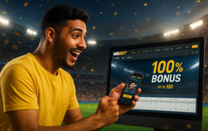 صورة تمثل مراهنًا مصريًا يستخدم هاتفه لوضع مراهنات رياضية ويبدو مذهولًا بالمكافأة التي تظهر على الشاشة أمامه ويسعى ليستفيد من مكافآت الرهان الرياضي في Melbet