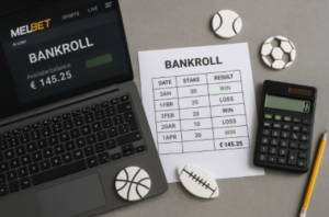 واجهة تعرض مفهوم إدارة الرصيد في Melbet، تشمل حاسوبًا محمولًا يظهر عليه رصيد متاح، إلى جانب ورقة تحتوي على جدول نتائج الرهانات اليومية، وآلة حاسبة، وأدوات رياضية رمزية، في مشهد يعكس التخطيط المالي والانضباط في المراهنات.