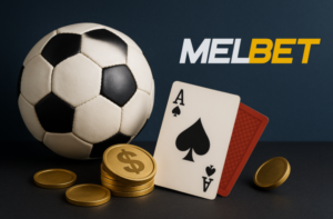 كرة قدم، عملات ذهبية، أوراق لعب، وشعار Melbet – تعبير بصري عن الدمج بين المراهنات وكرة القدم.