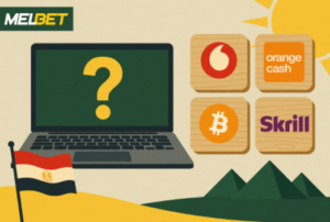 جهاز لابتوب يظهر عليه علامة استفهام، تحيط به أيقونات لطرق الدفع مثل فودافون كاش، أورانج كاش، بيتكوين وسكريل، مع شعار Melbet وعلم مصر في الخلفية. يمثل طرق الدفع في Melbet.