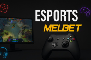 صورة أنيقة تُظهر وحدة تحكم ألعاب أمام شاشة تعرض لعبة إلكترونية، مع كتابة "ESPORTS MELBET" في المنتصف. تستخدم الخلفية الداكنة مع أيقونات مضيئة لتمثيل أجواء الترفيه والاحترافية في الرياضات الإلكترونية في Melbet.