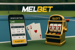 خلفية لملعب تنس مع منصة رهان رياضي في المقدمة، إلى جانب آلة سلوت وأوراق لعب، مع شعار Melbet، تمثّل التكامل بين أنواع الرهان على Melbet.