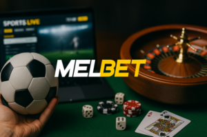 تصميم واقعي يجمع بين طاولة روليت وشاشة رهان رياضي حي مع شعار Melbet، يوضح التوازن بين الكازينو والرياضة ضمن تجربة الرهان على Melbet.