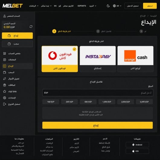 صورة لقسم "الإيداع" داخل الحساب على موقع ميلبيت، تظهر فيها قائمة الوسائل المتاحة بالجنيه المصري مع أيقونات المحافظ المحلية.